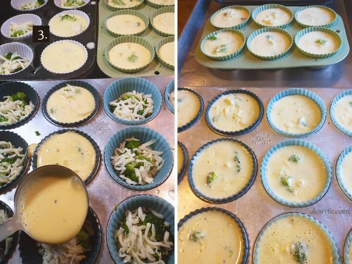 filling the muffin cups with egg mixture to cover the broccoli and cheese before baking the egg bites.