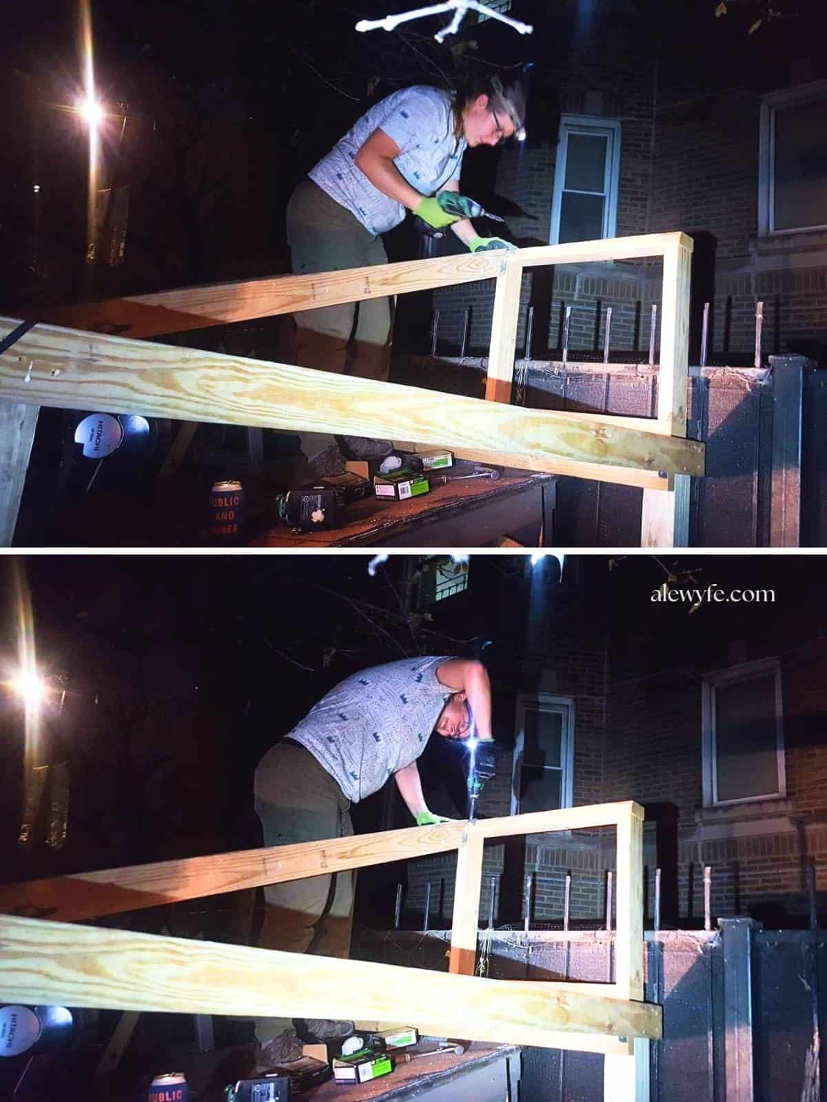 screwing in chicken coop rafter supports in the dark by streetlight and headlamp. 