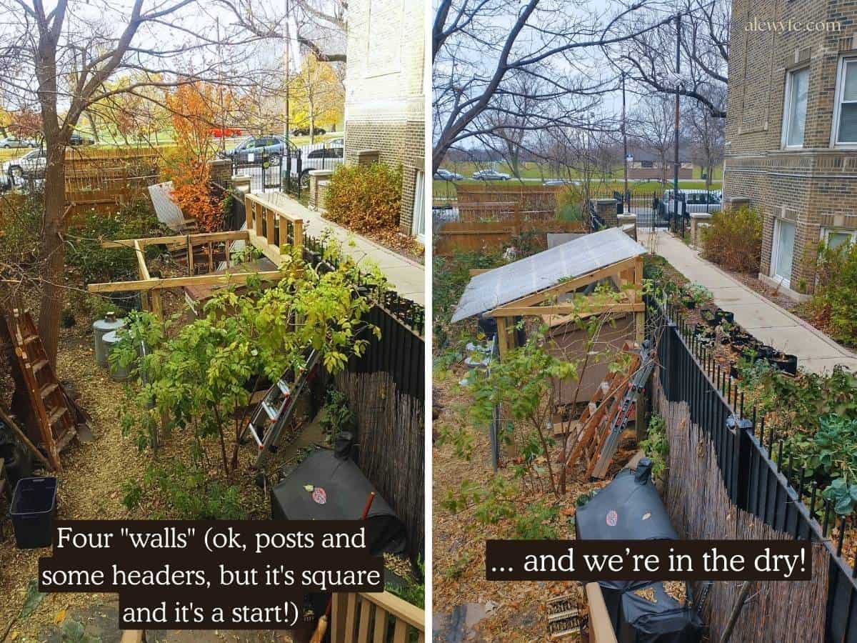 two photos showing the roof framing and then clear roof panels up on the roof. 