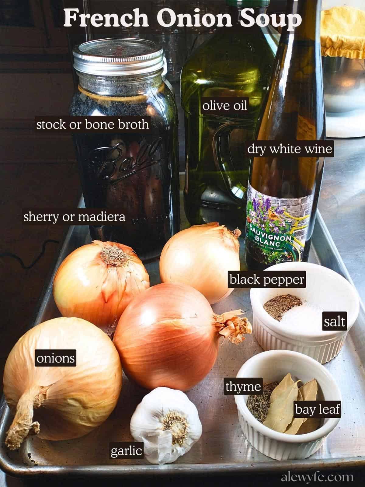 labeled french onion soup ingredient photo.