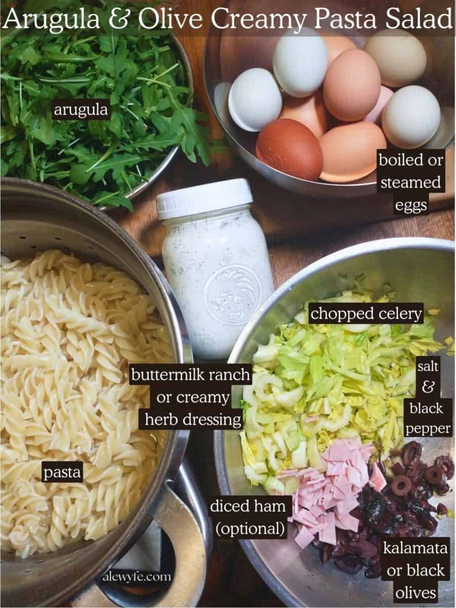 labeled ingredient photo of arugula olive creamy pasta salad ingredients.