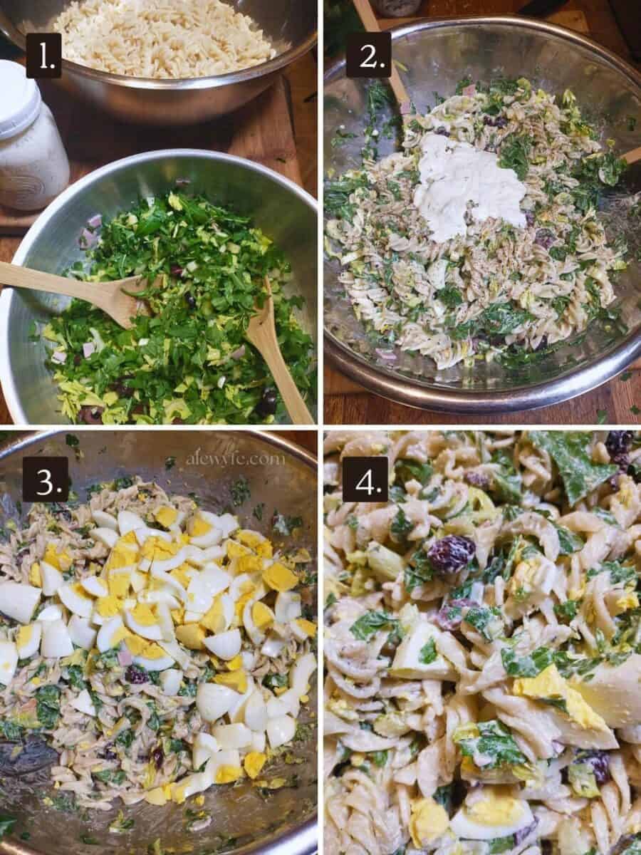 step by step image collage illustrating assembling the arugula pasta salad.