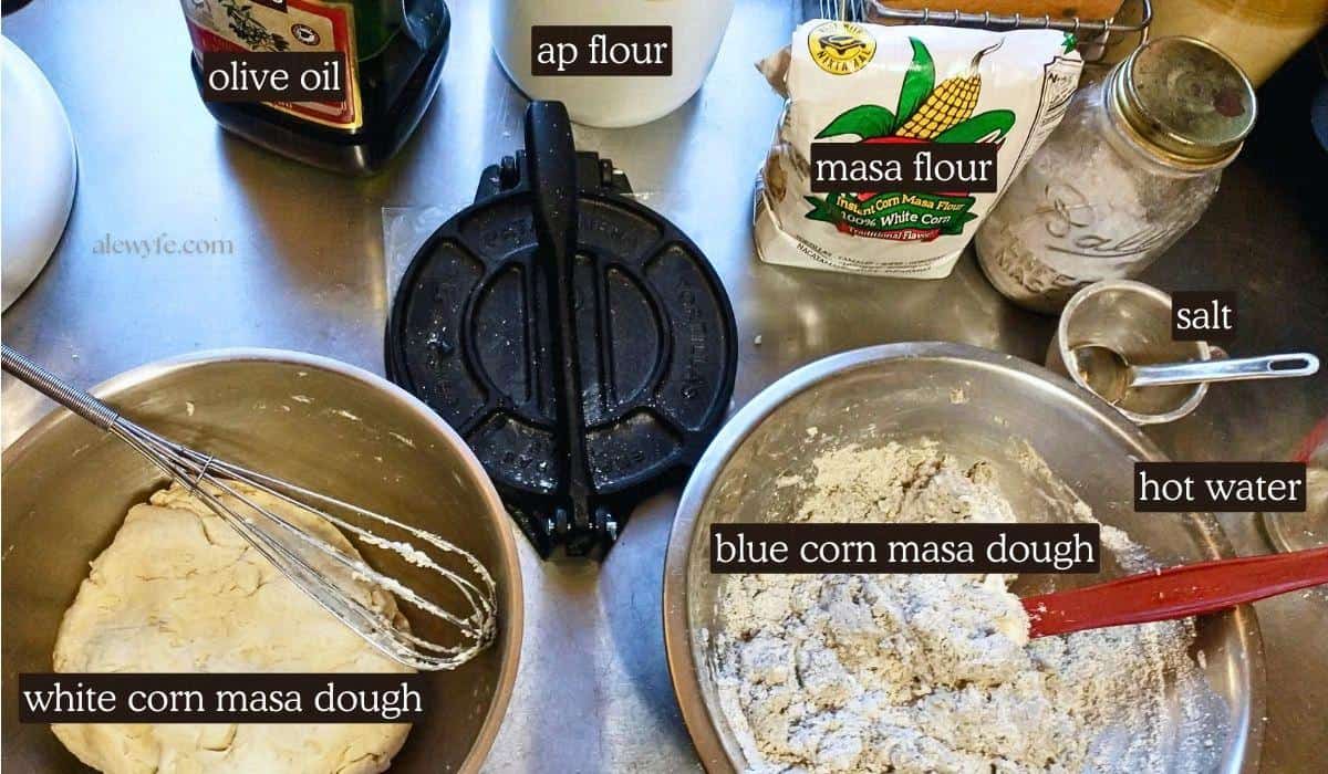labeled ingredient photo for homemade corn and flour tortilla recipe.
