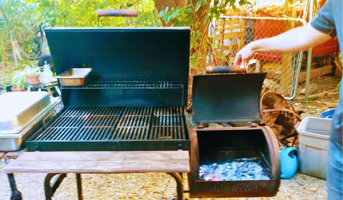 char-daddy offset charcoal smoker prepped to smoke trout.