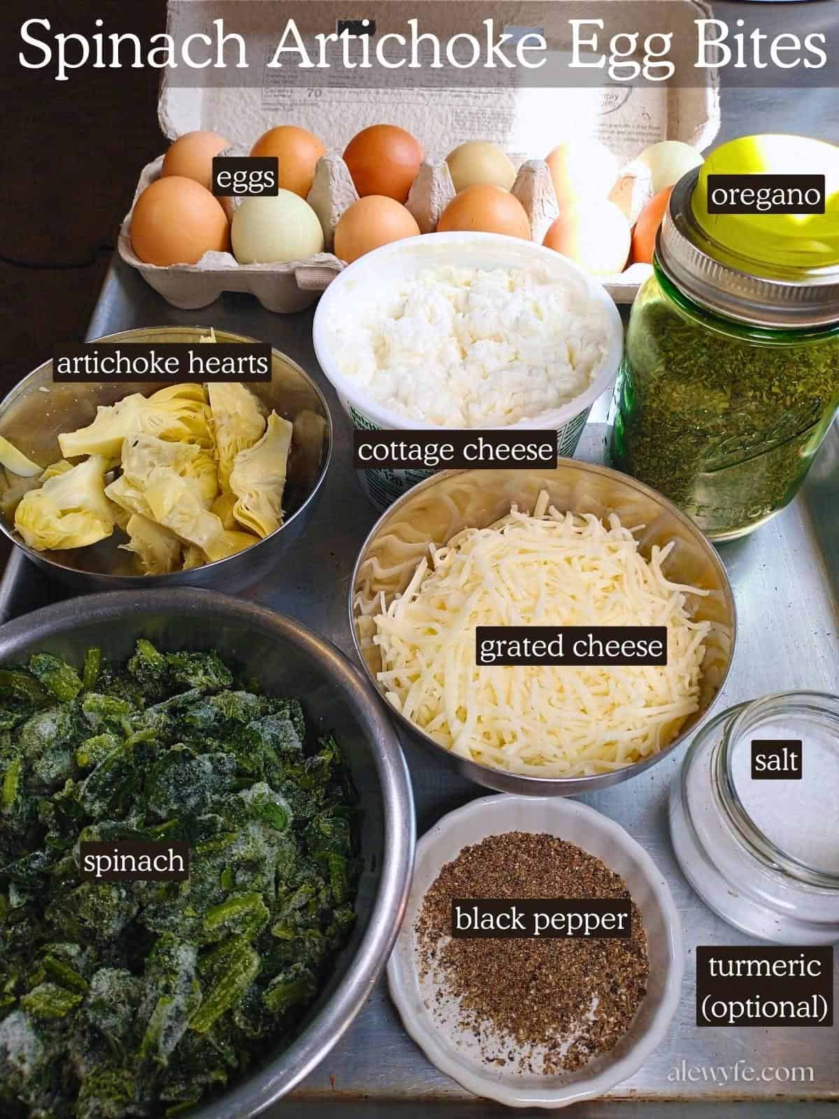 labeled ingredient photo for spinach artichoke egg muffin recipe.