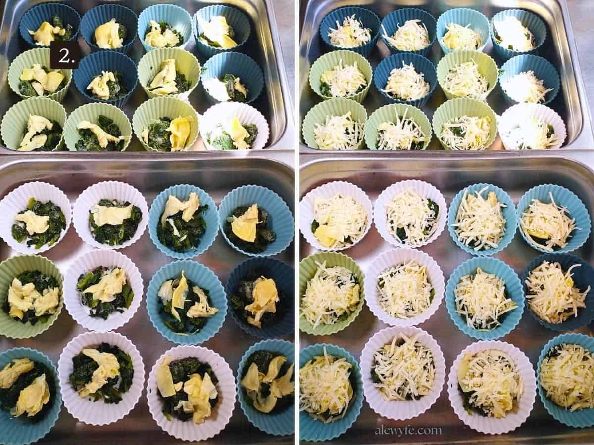 muffin tins filled with spinach, diced artichoke hearts, and a sprinkle of cheese.