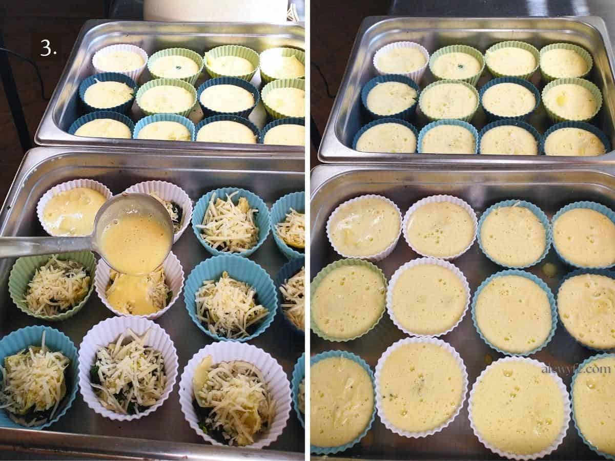 filling the muffin cups with egg mixture to cover the spinach, artichoke, and cheese before baking the egg bites.