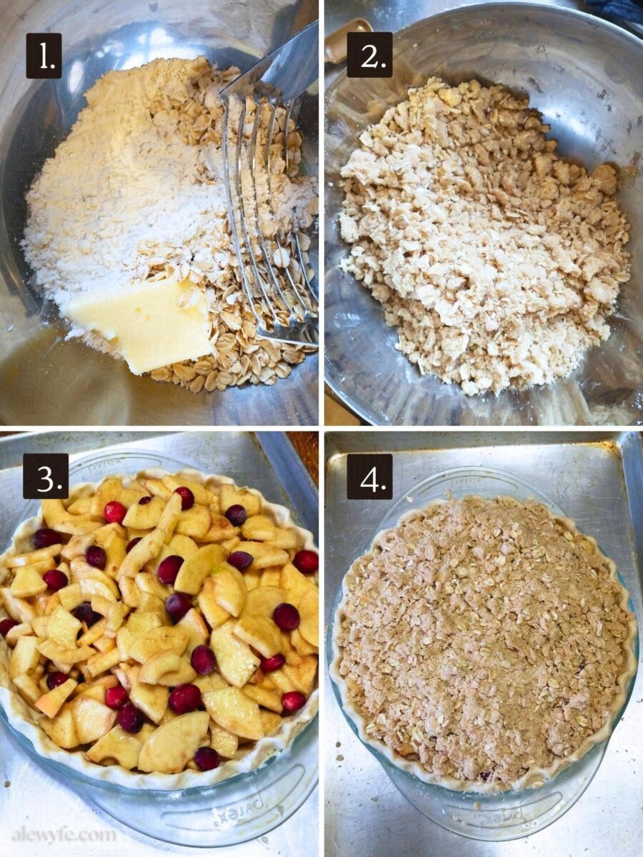 step by step photos of making the crumble topping and assembling the cranberry apple pie.