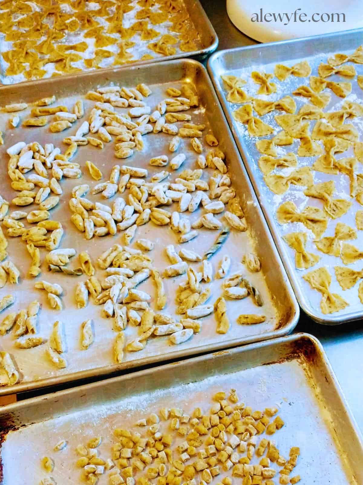 homemade cavatelli, fusilli, and acini de pepe pasta drying on trays. 