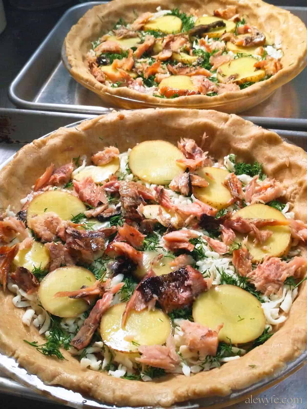 smoked trout quiches before adding the egg mixture.