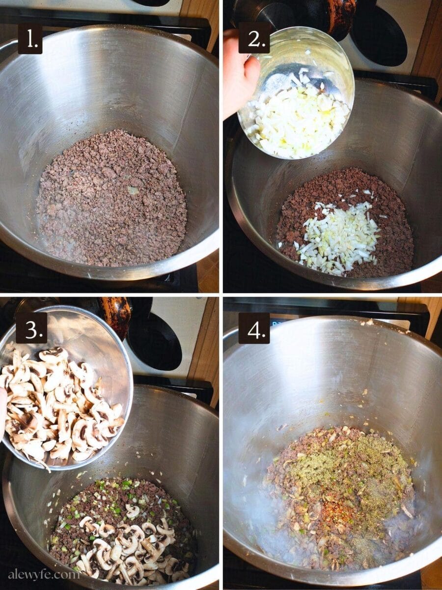 browning the meat, onions, and vegetables for the spaghetti sauce canning recipe.