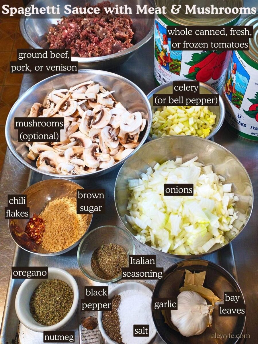 labeled ingredient photo for usda spaghetti sauce canning recipe.