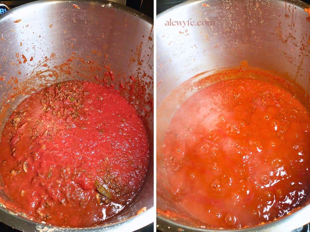 top view photo of the pot of spaghetti sauce before and after simmering for several hours.