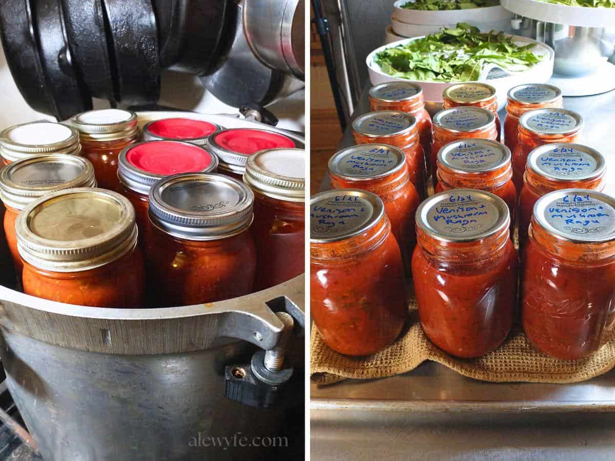 a pressure canner full of jars of homemade spaghetti sauce, and the cooled finished jars on a tray after canning.