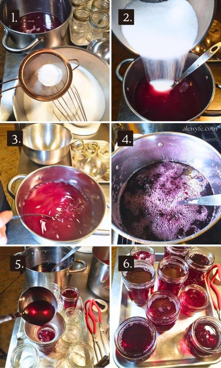 numbered photo collage grid for grape jelly, showing the process step by step. 
