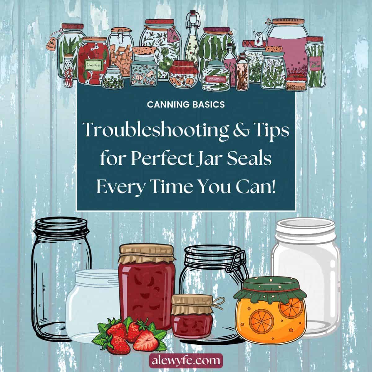 title image with canning jar graphic line drawings. text reads, "canning basics: troubleshooting a & tips for perfect jar seals every time you can. alewyfe.com".