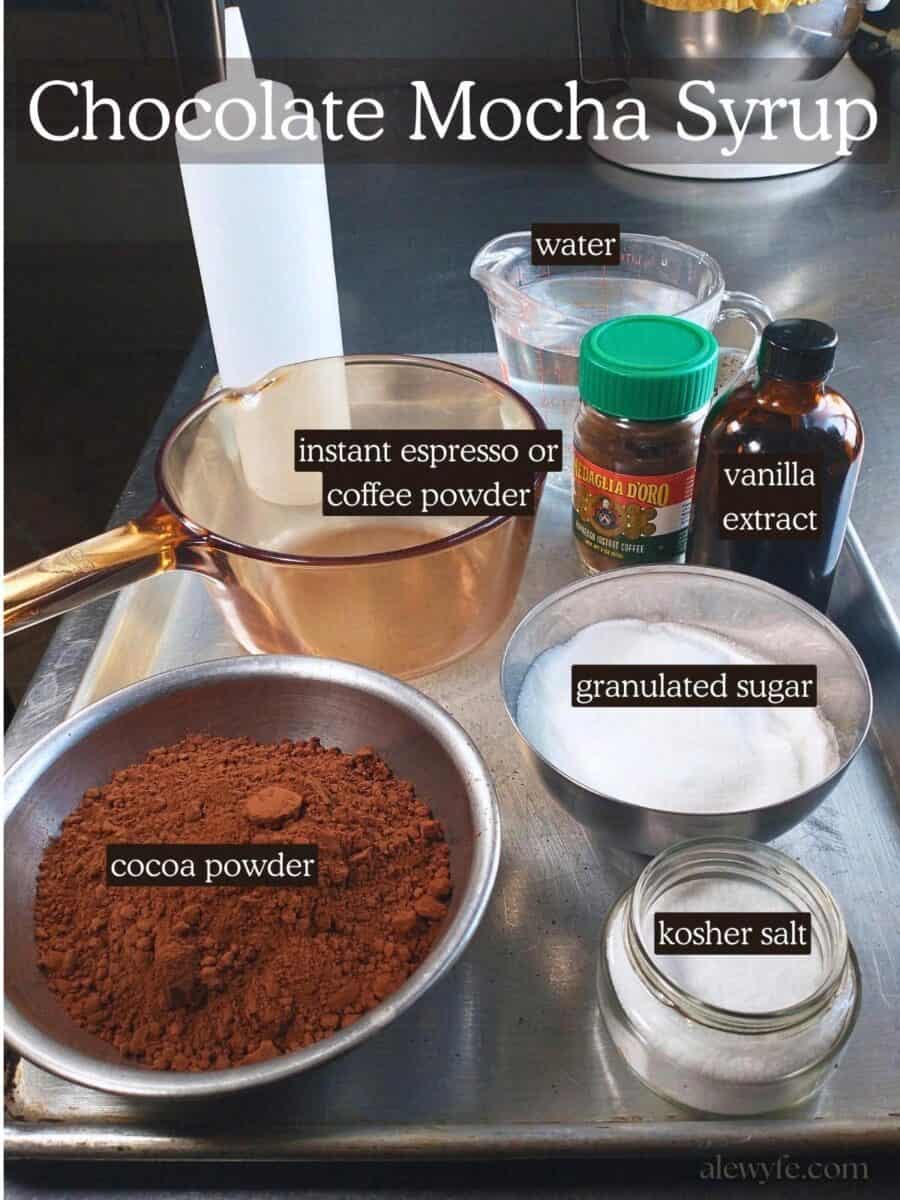 labeled ingredient photo for chocolate mocha syrup recipe.