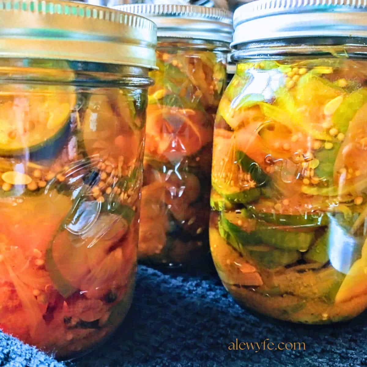 three canning jars of homemade bread and butter pickles.