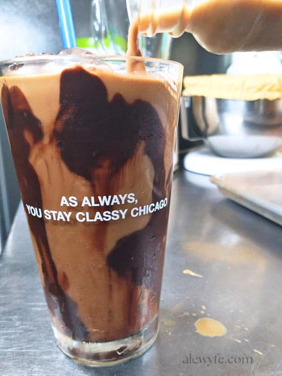 a homemade iced mocha drizzled with chocolate mocha syrup.