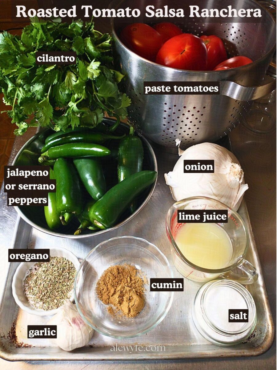 labeled ingredient photo for roasted tomato ranchera salsa canning recipe.