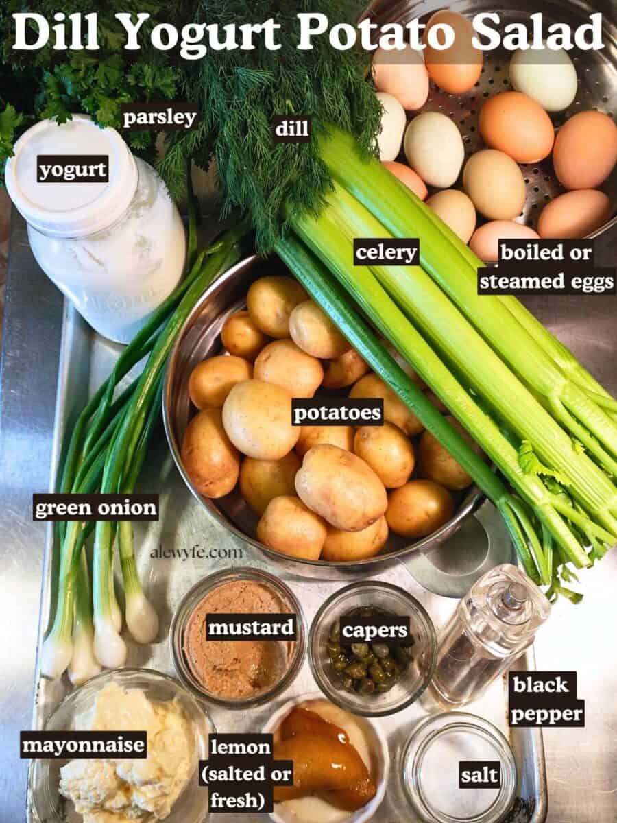 labeled ingredient photo for dill yogurt potato salad recipe.