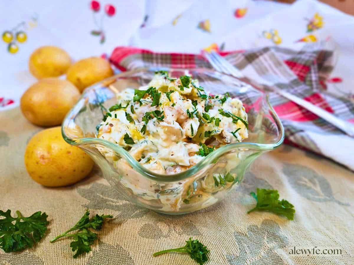 side view still-life photo of the Nordic potato salad.