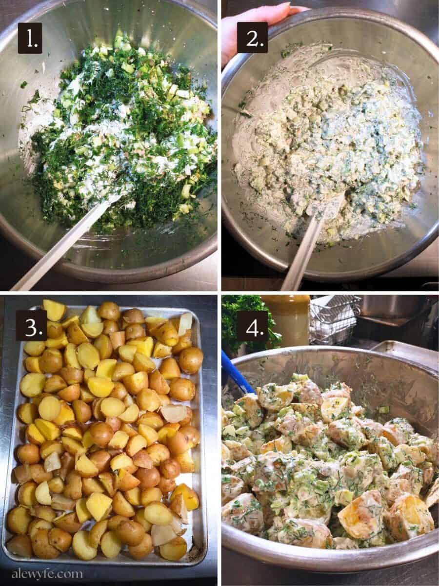 photo collage showing steps to make the Scandinavian potato salad.