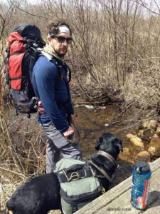 a man and a rottweiler, both wearing hiking packs, stand next to a footbridge over a stream.