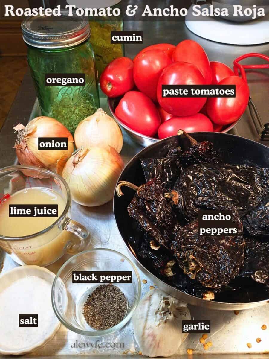 labeled ingredient photo for roasted tomato & ancho chile salsa roja.