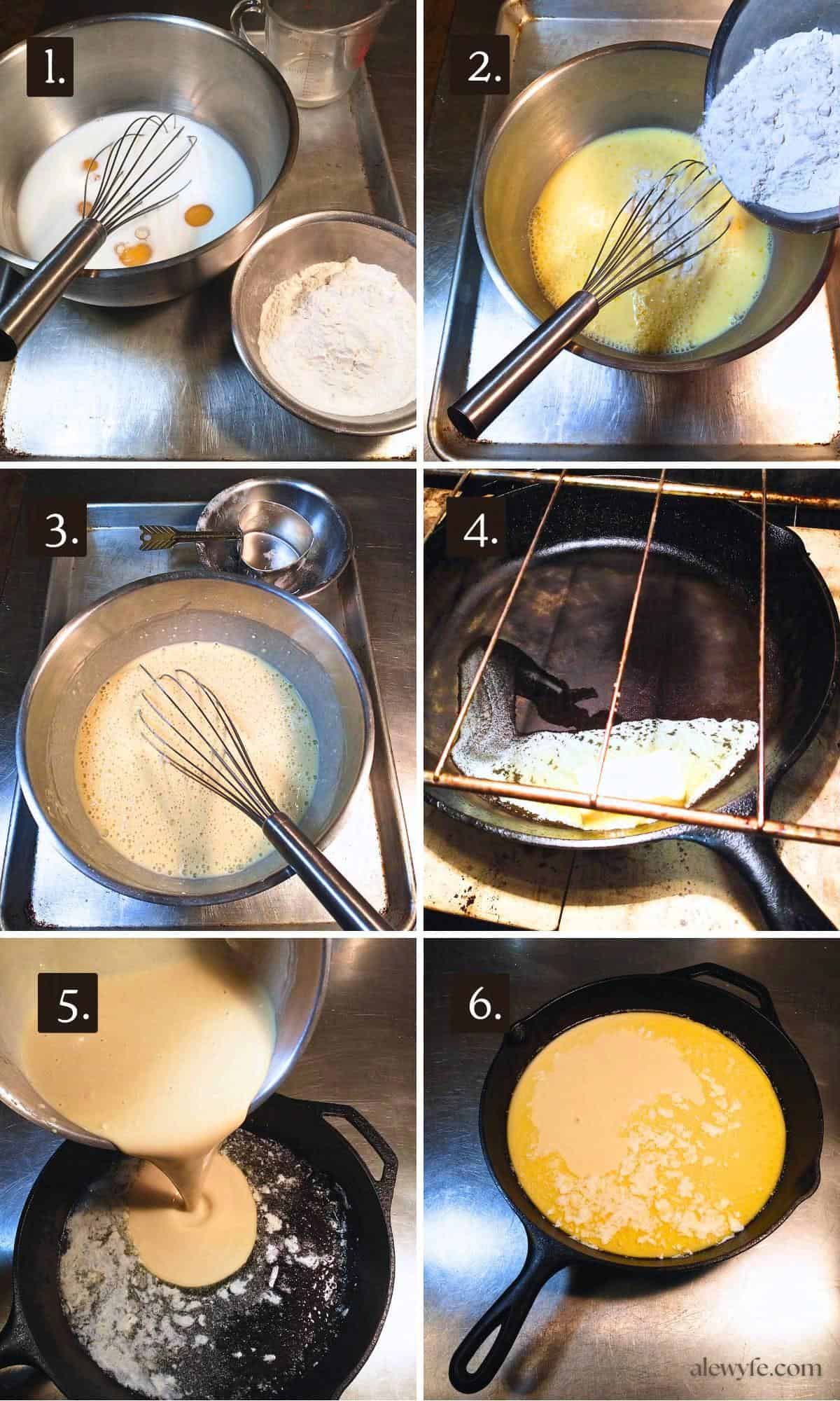 step by step photo collage showing how to prepare the yorkshire pudding batter for baking. 
