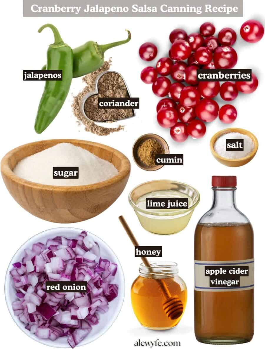 labeled ingredient collage for cranberry jalapeno salsa canning recipe .