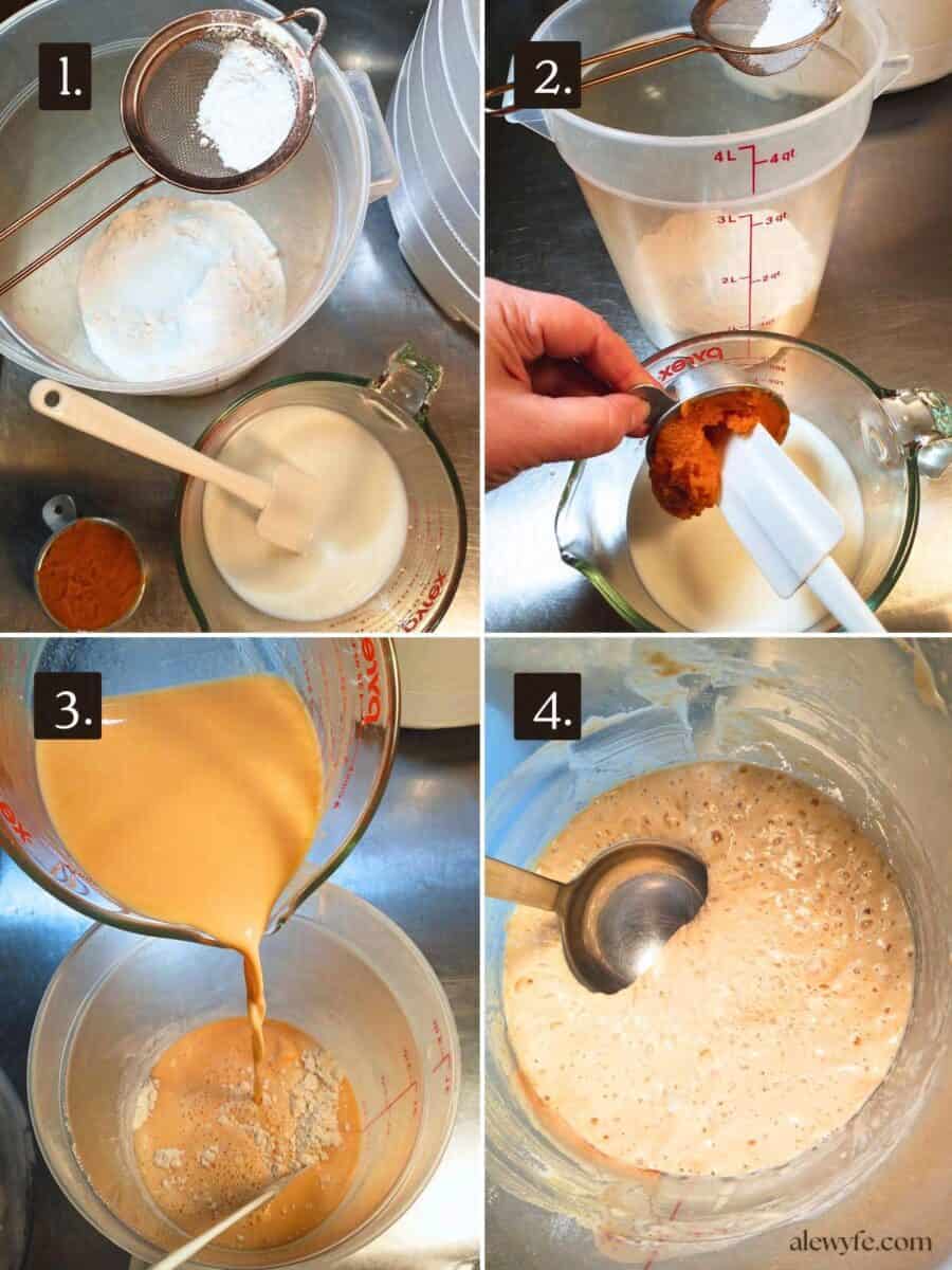 photo collage showing sifting dry ingredients, mixing milk & pumpkin puree, mixing the crumpet batter, and the bubbly rested batter ready to cook. 