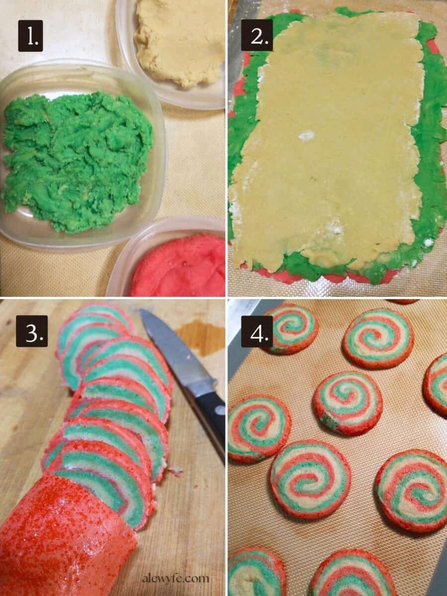 tinted icebox pinwheel cookie dough, rolling out the dough, slicing the chilled cookies, baking the cookies.