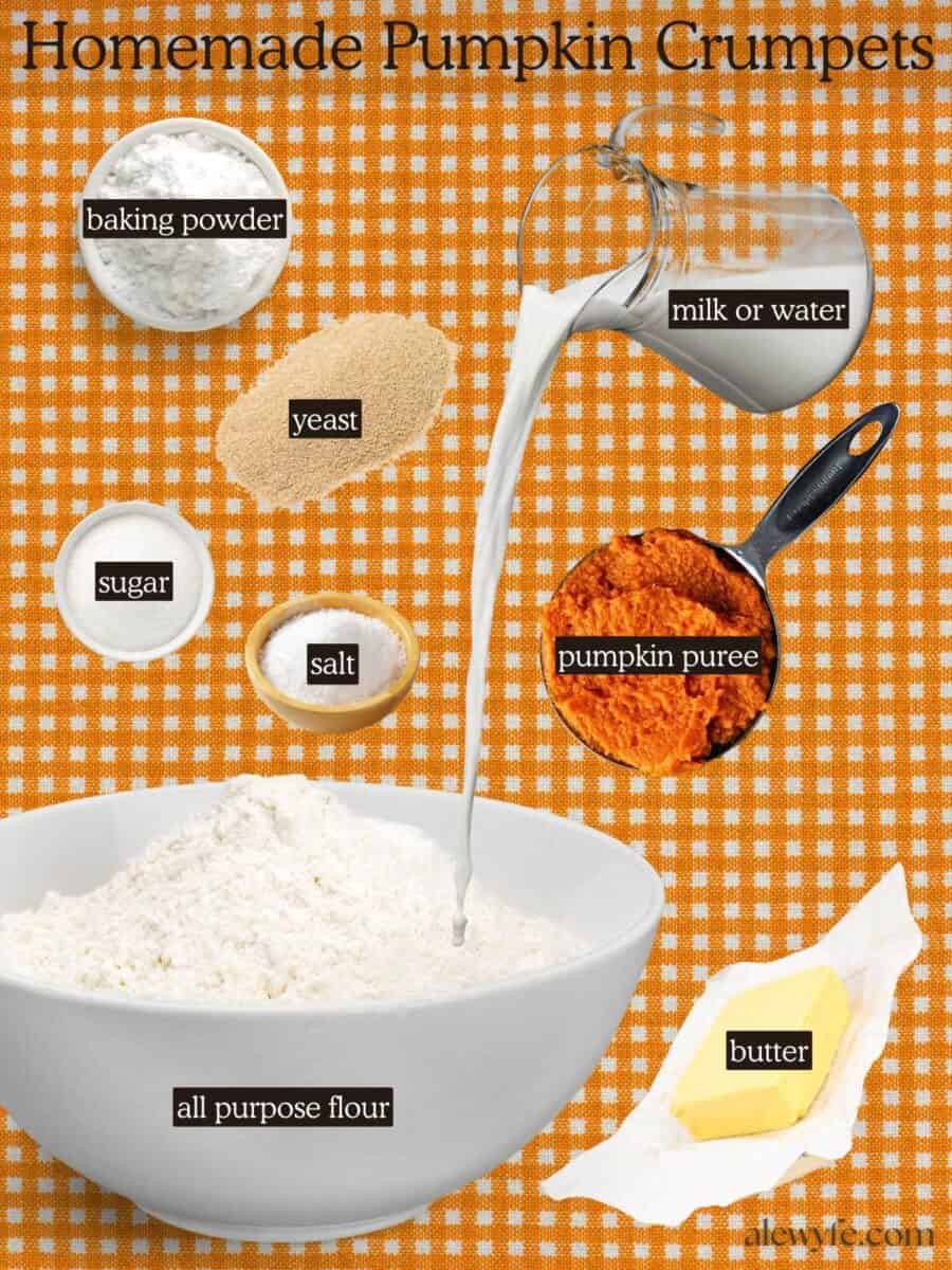 labeled ingredient photo for pumpkin crumpet recipe. 