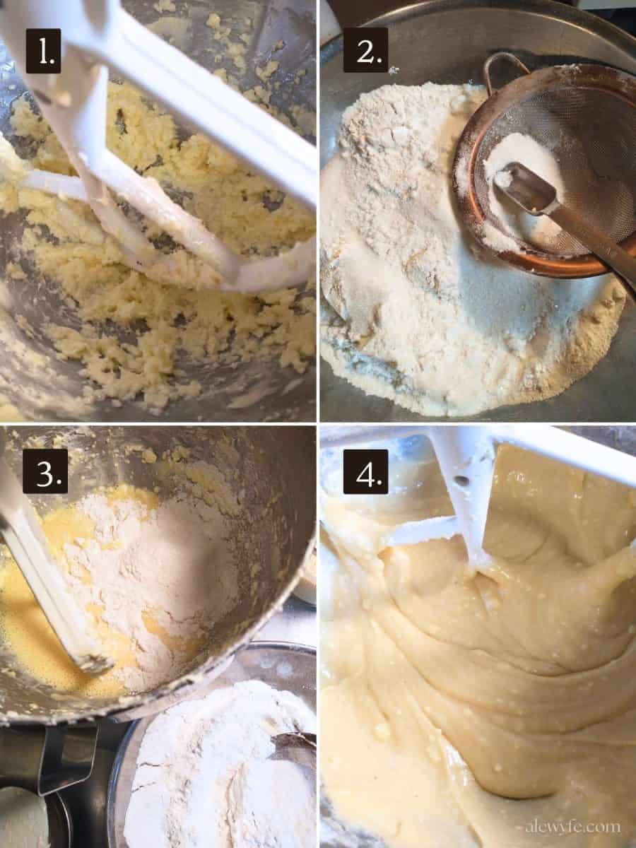 numbered photos showing the steps to make the eggnog pound cake batter.