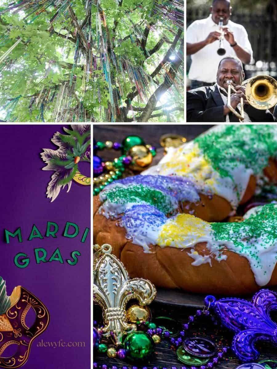 Photo collage of mardi gras images- beads in a tree, street musicians playing trombone & clarinet, a king cake with fleur de lis beads, and carnival masks with the text, "mardi gras" and "alewyfe.com"