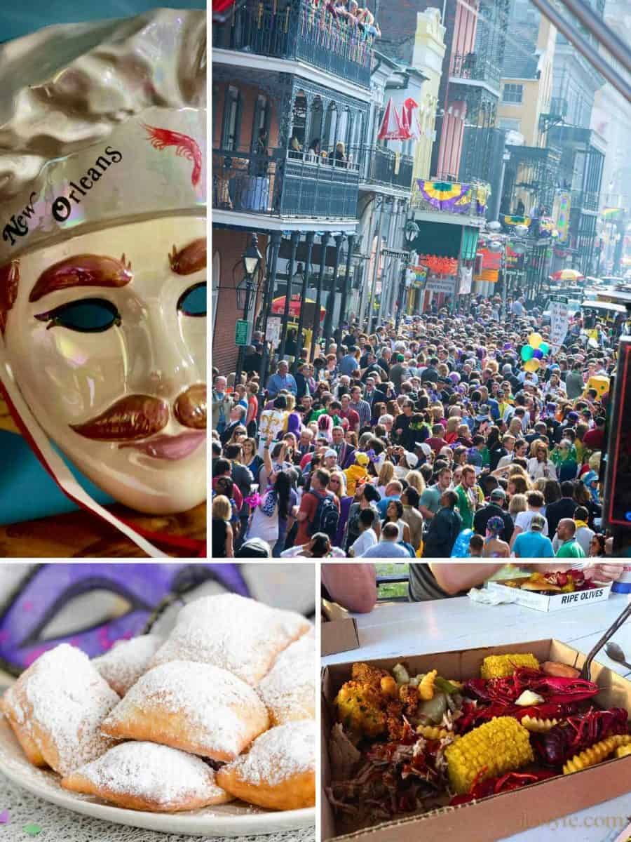 mardi gras photo collage: a fancy mardi gras mask wearing a chef's hat that says, "New Orleans, a parade crowd in the French Quarter, a cardboard tray at a crawfish boil piled with corn, crawdads, ribs, fries, and hush puppies, and a plate of beignets covered in powdered sugar.