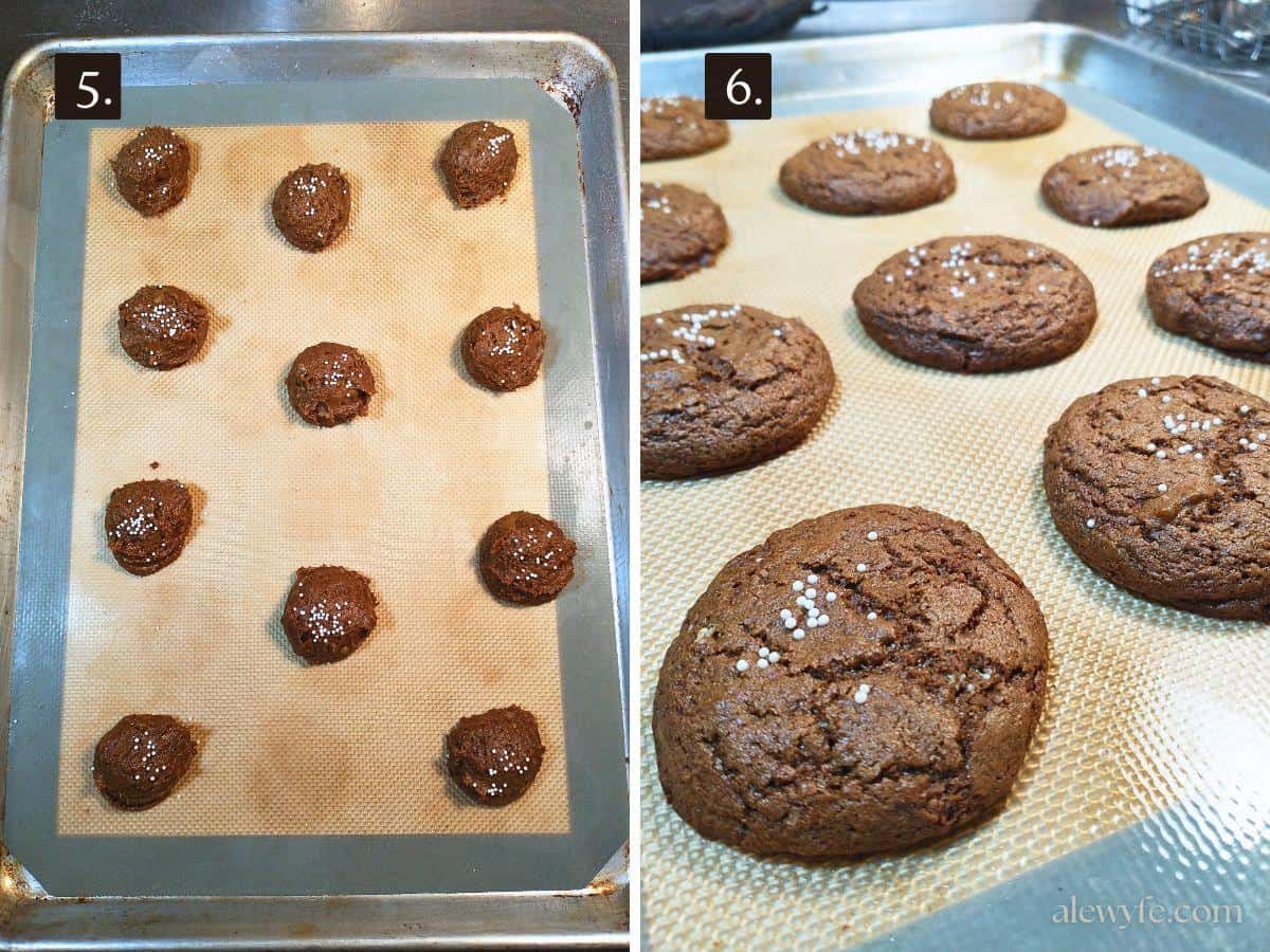 two photo collage: a top down view of scooped dough on a baking sheet, and a side view of the baked cookies fresh from the oven.