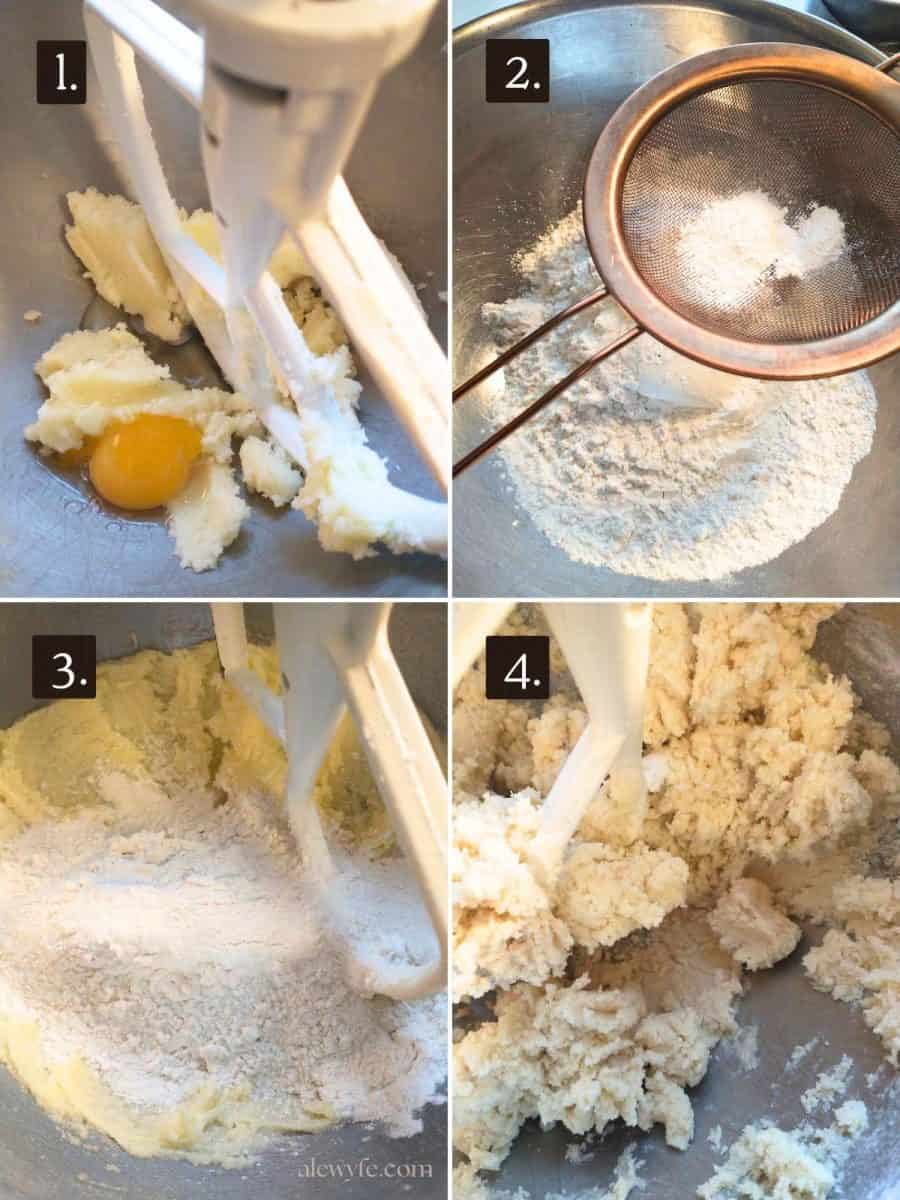 numbered photos showing mixing pinwheel cookie dough.