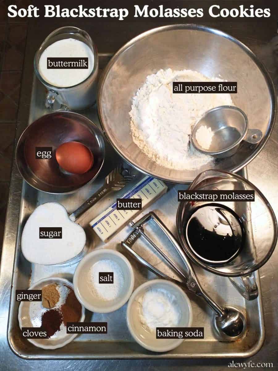 labeled ingredient photos for molasses drop cookie recipe.