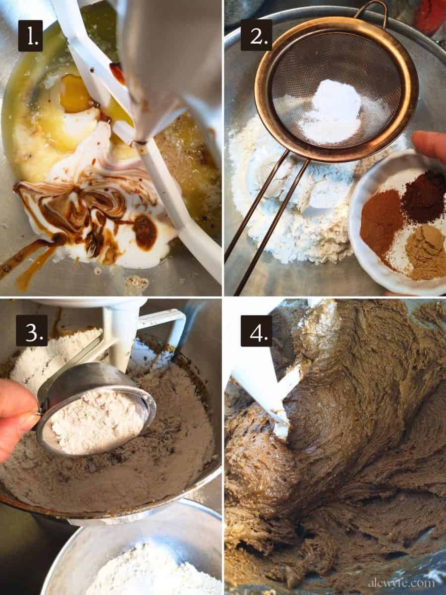 numbered four image grid showing mixing steps for molasses drop cookie dough.