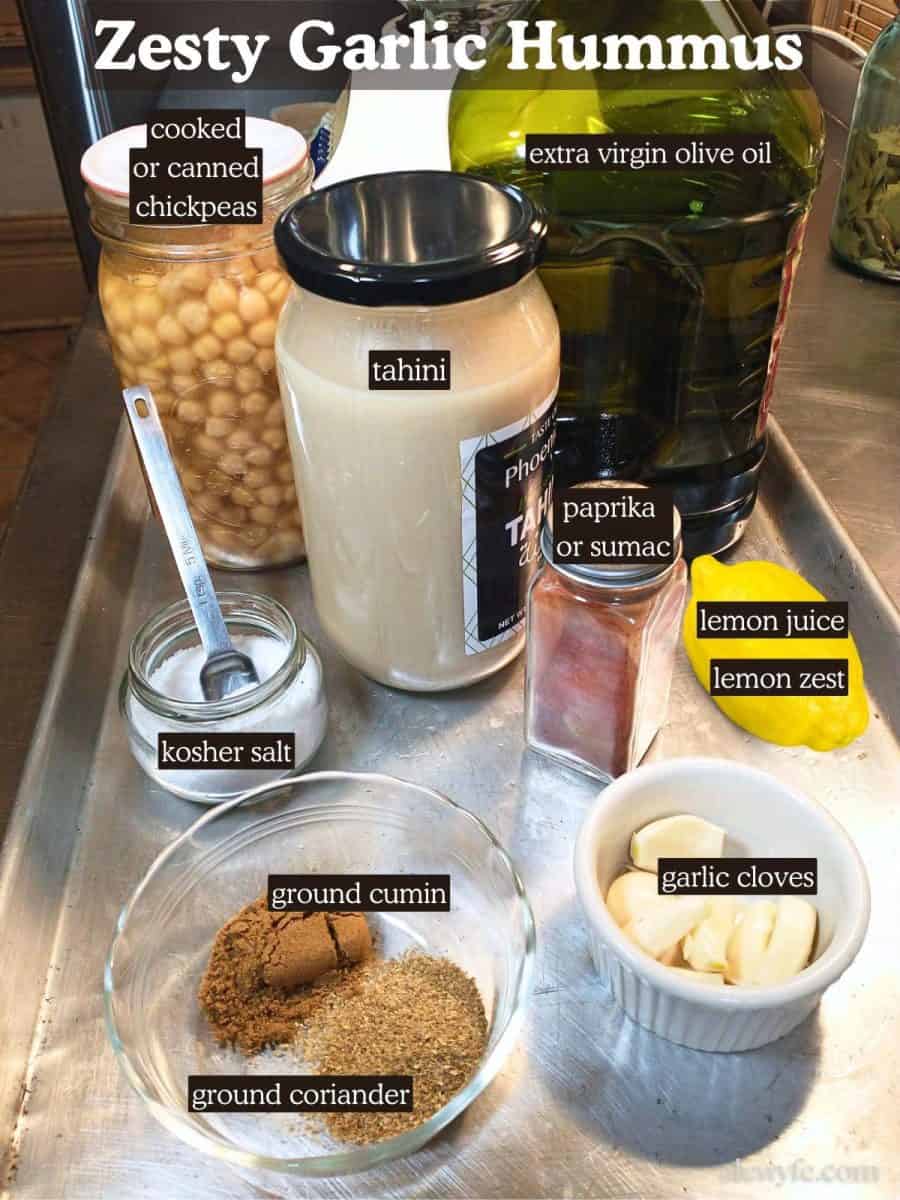 labeled ingredient photo for zesty garlic hummus.