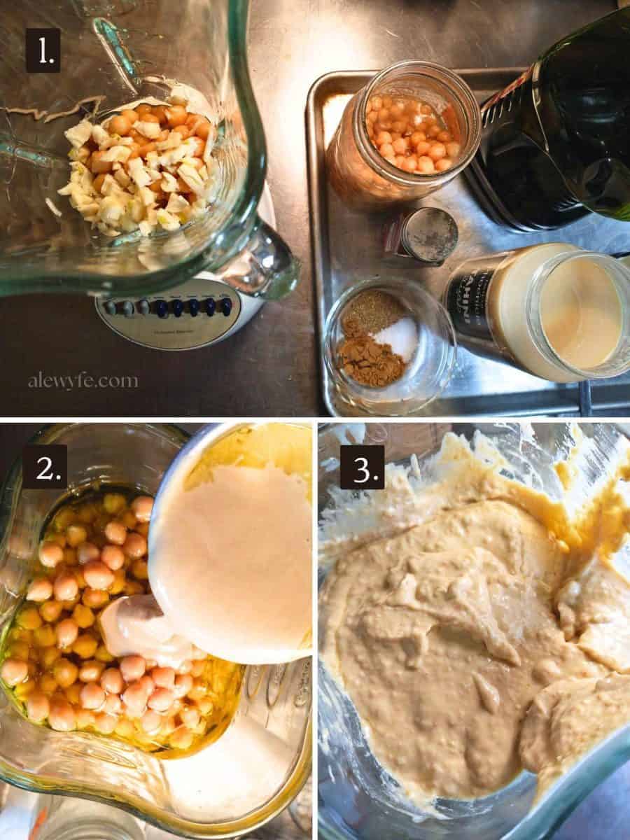 three photo collage showing the steps of making garlic houmous in a blender.