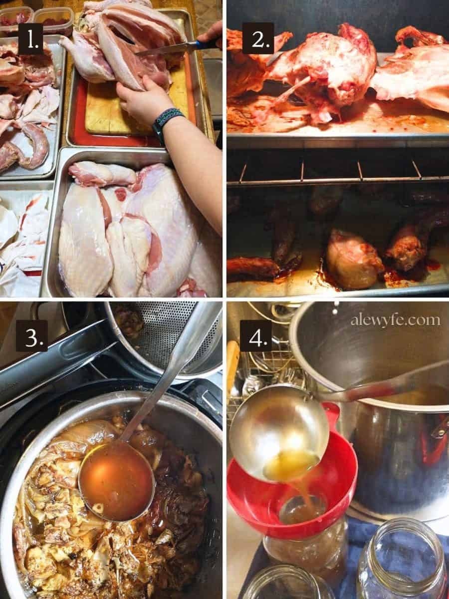 numbered four photo grid. 1) deboning whole chicken or turkey, 2) roasting the bones, 3) ladling the finished stock to strain 4) filling jars with strained stock before canning.