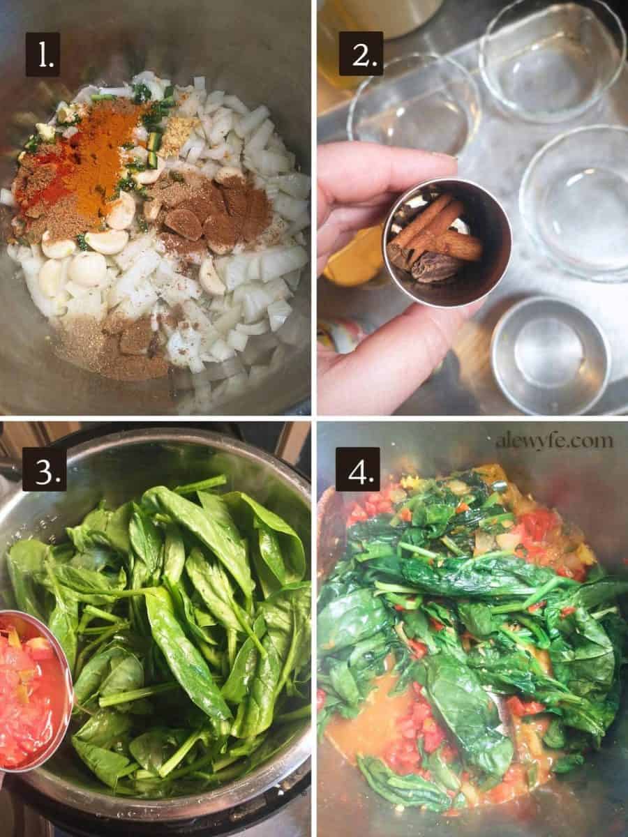 numbered photo grid. 1) sauteeing onions and spices in an Instant pot. 2) making a spice sachet 3) adding spinach and tomato 4) palak paneer before pressure cooking. 