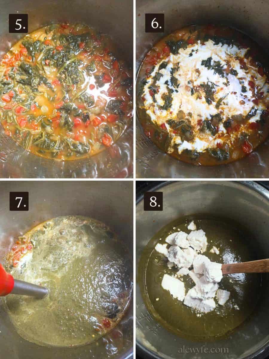 numbered process shots 5) cooked sauce before blending 6) adding the cream 7) using an immersion blender to puree the sauce 8) folding in the diced paneer cheese.