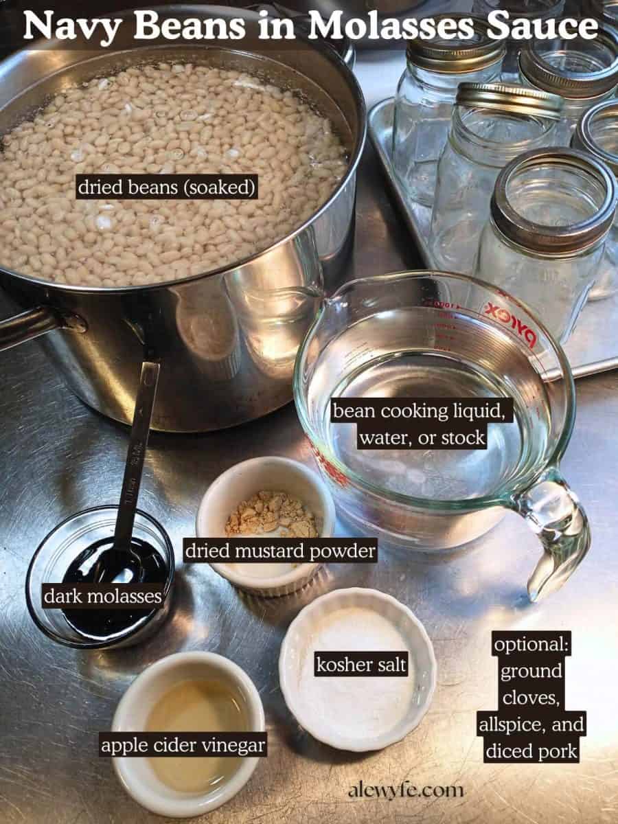 labeled ingredient photo for navy beans in molasses sauce canning recipe.