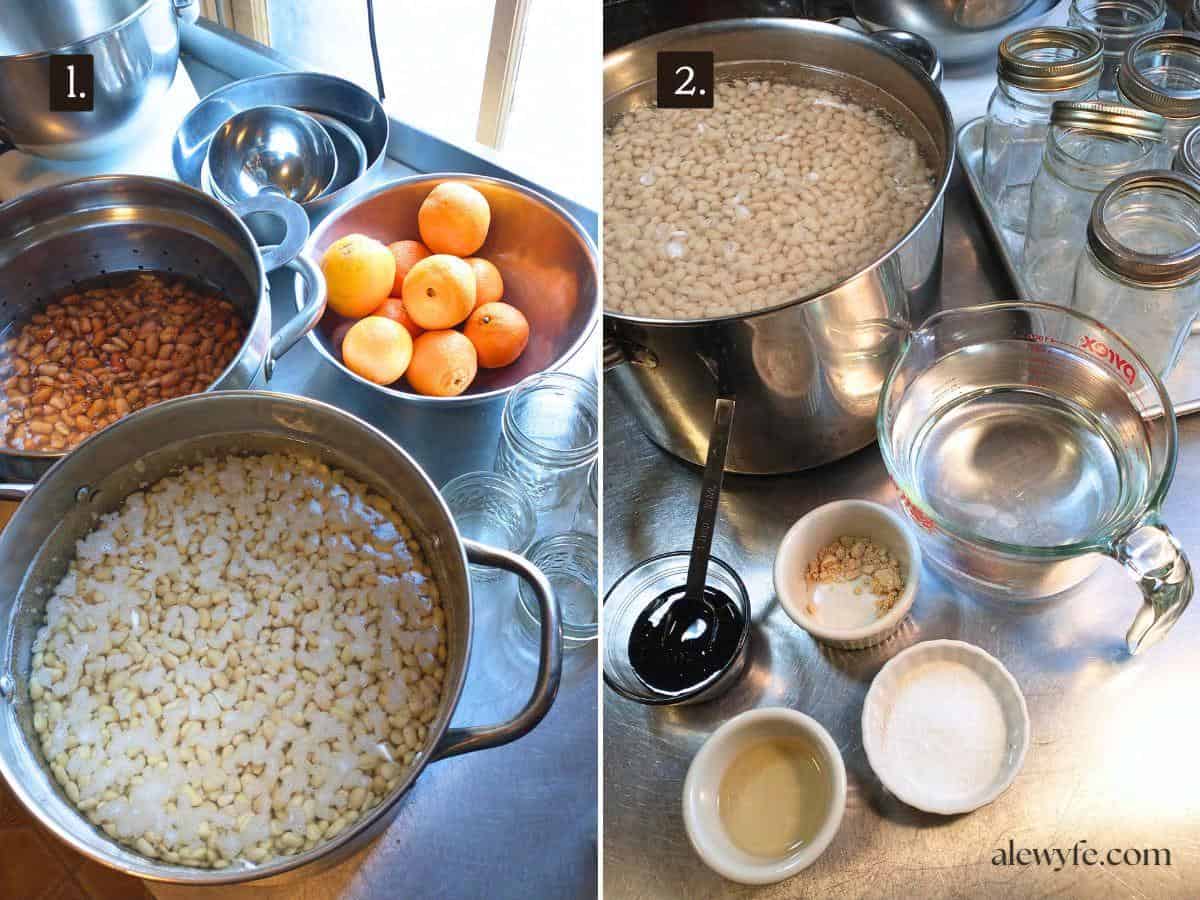 a pot of soaked navy beans, and molasses sauce ingredients measured and ready to mix.