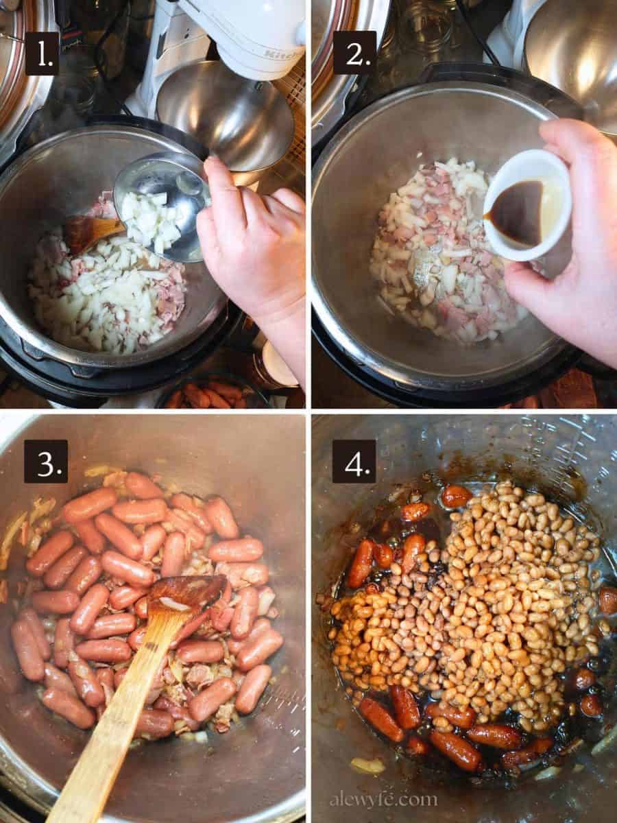numbered four photo collage, sauteing bacon & onions, adding seasonings, smoked cocktail sausages, bbq sauce, and beans.