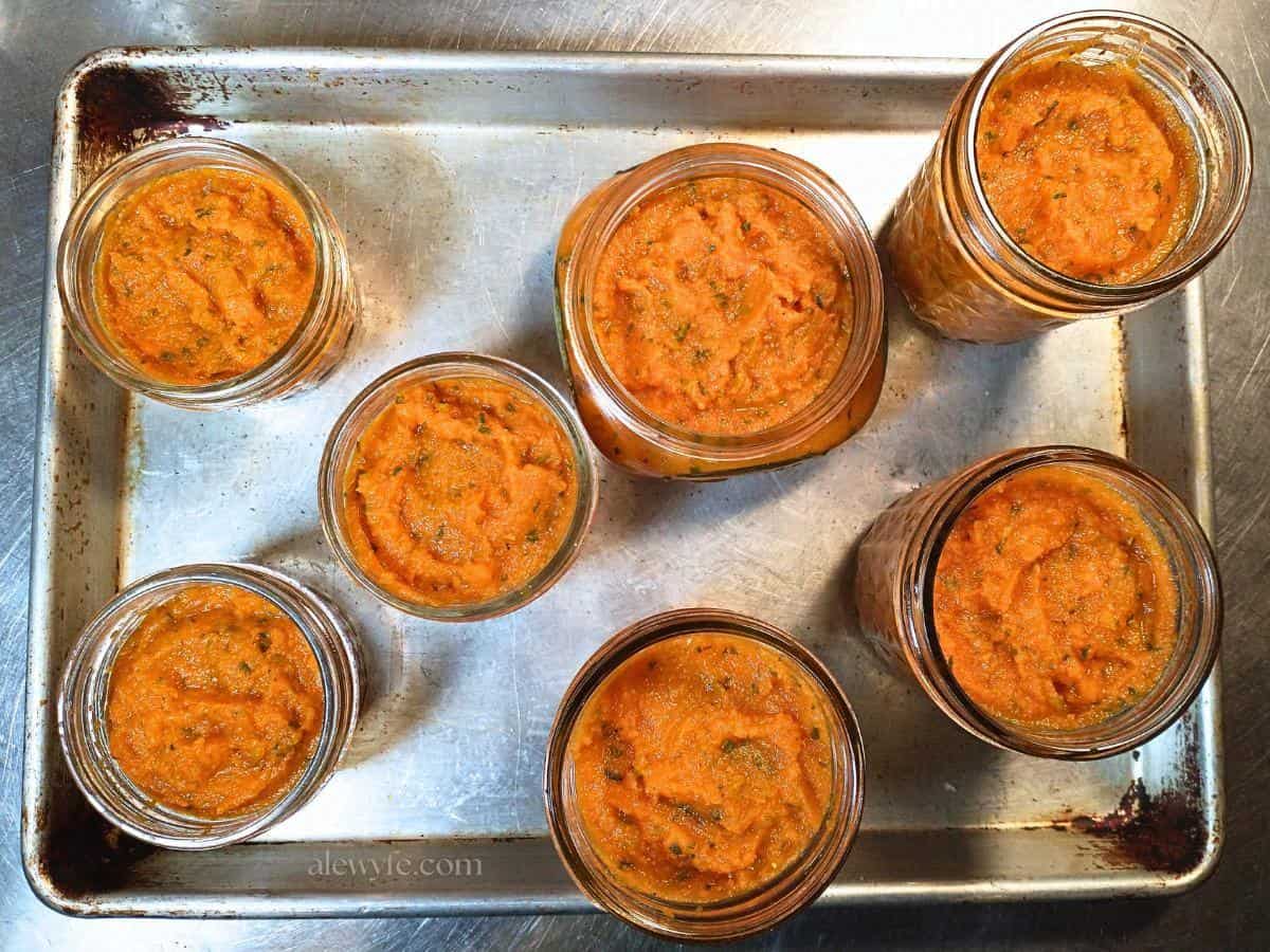 a metal sheet tray with jars of habanero carrot butter, ready for canning lids and processing.